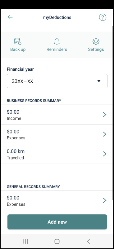 The ATO App with the ‘Add expense’ and ‘Add business income’ options highlighted.