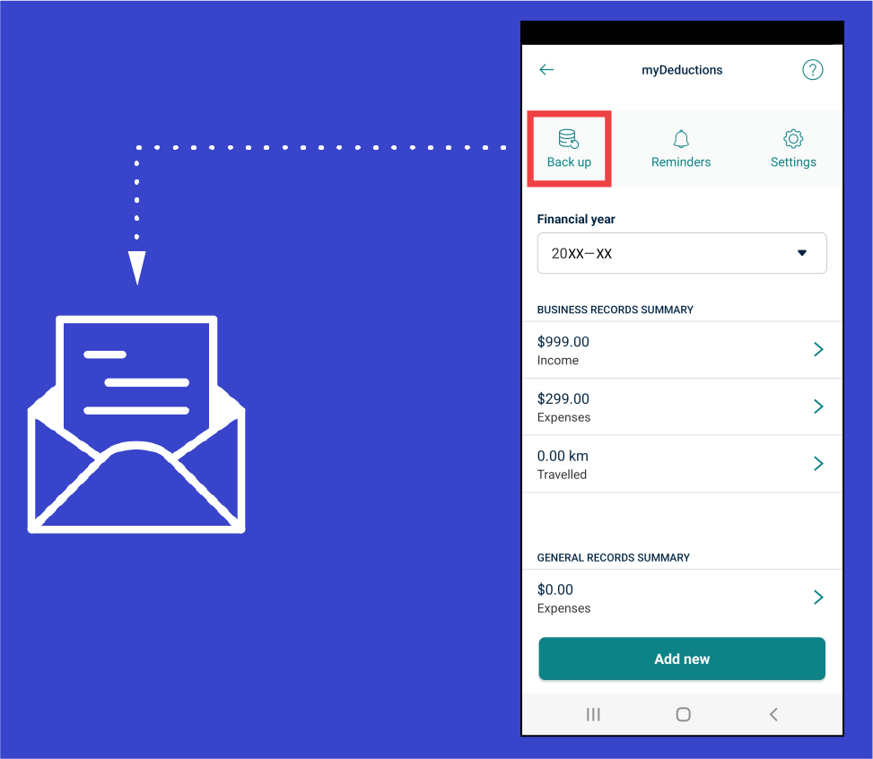 The ATO myDeductions app with the ‘settings’ option highlighted and a diagram indicating you can email the details to a tax agent or account for safe keeping.