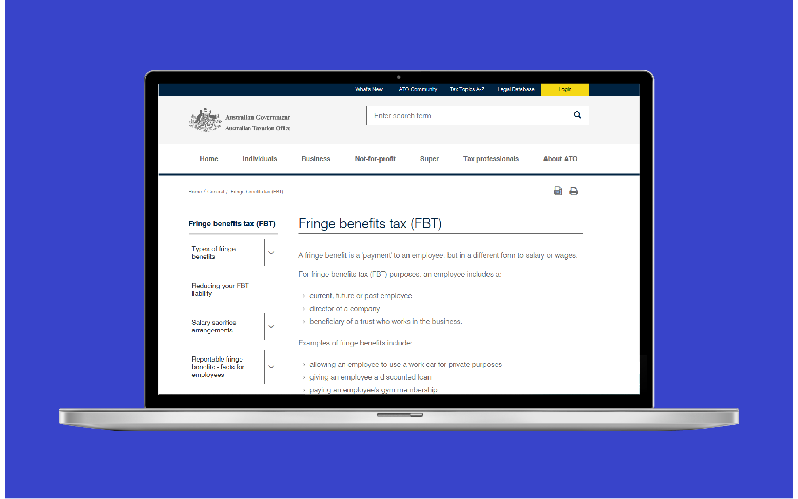 ATO website showing the fringe benefits tax page