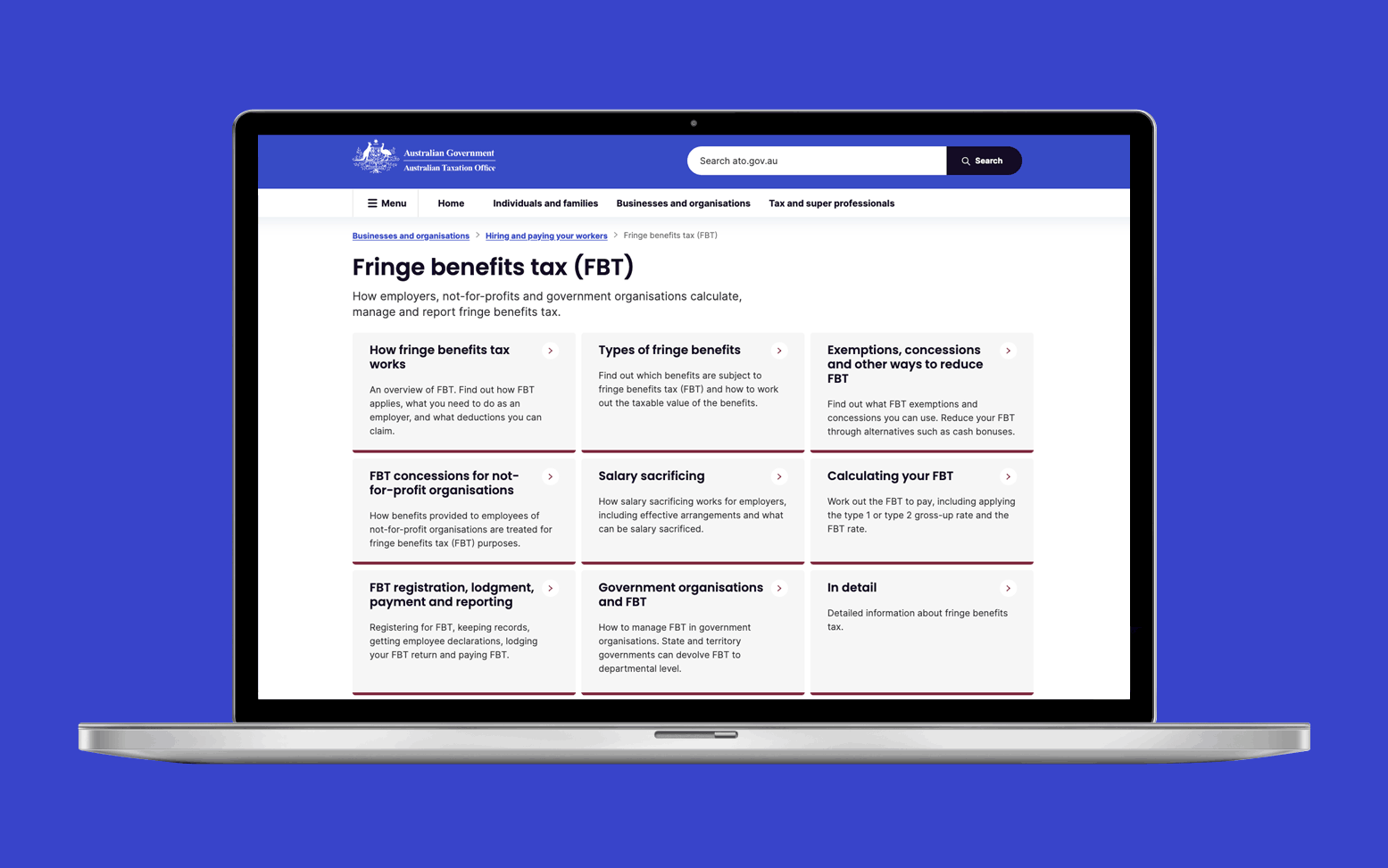 ATO website showing the fringe benefits tax page