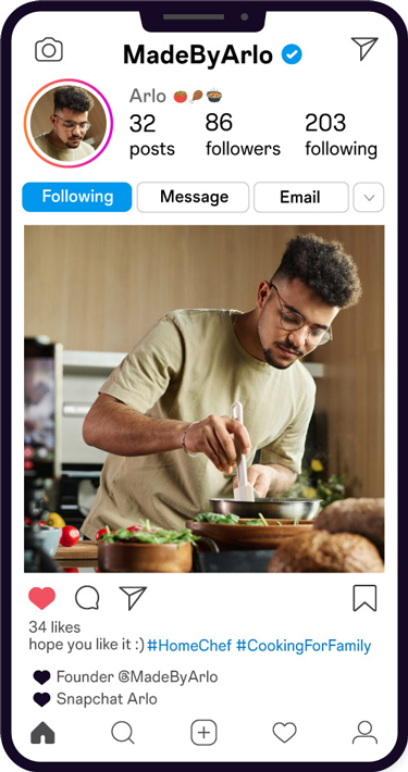 Arlo’s online profile, described on the following screens.