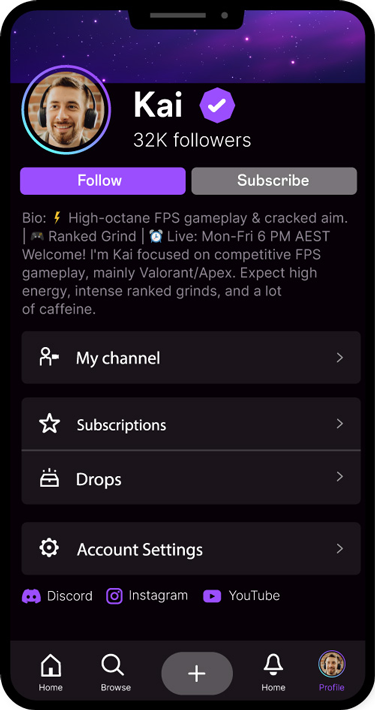 Kai’s online profile, described on the following screens.