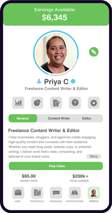 Priya’s online profile, described on the following screens.